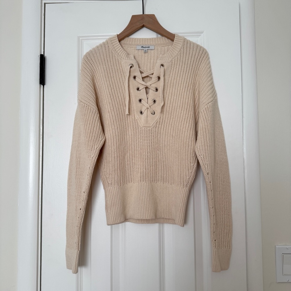 Madewell women’s ribbed lace up sweater vintage linen 100% cotton